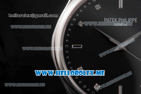 Patek Philippe Calatrava Miyota Quartz Steel Case with Black Dial and Black Leather Strap Diamonds Markers - Click Image to Close